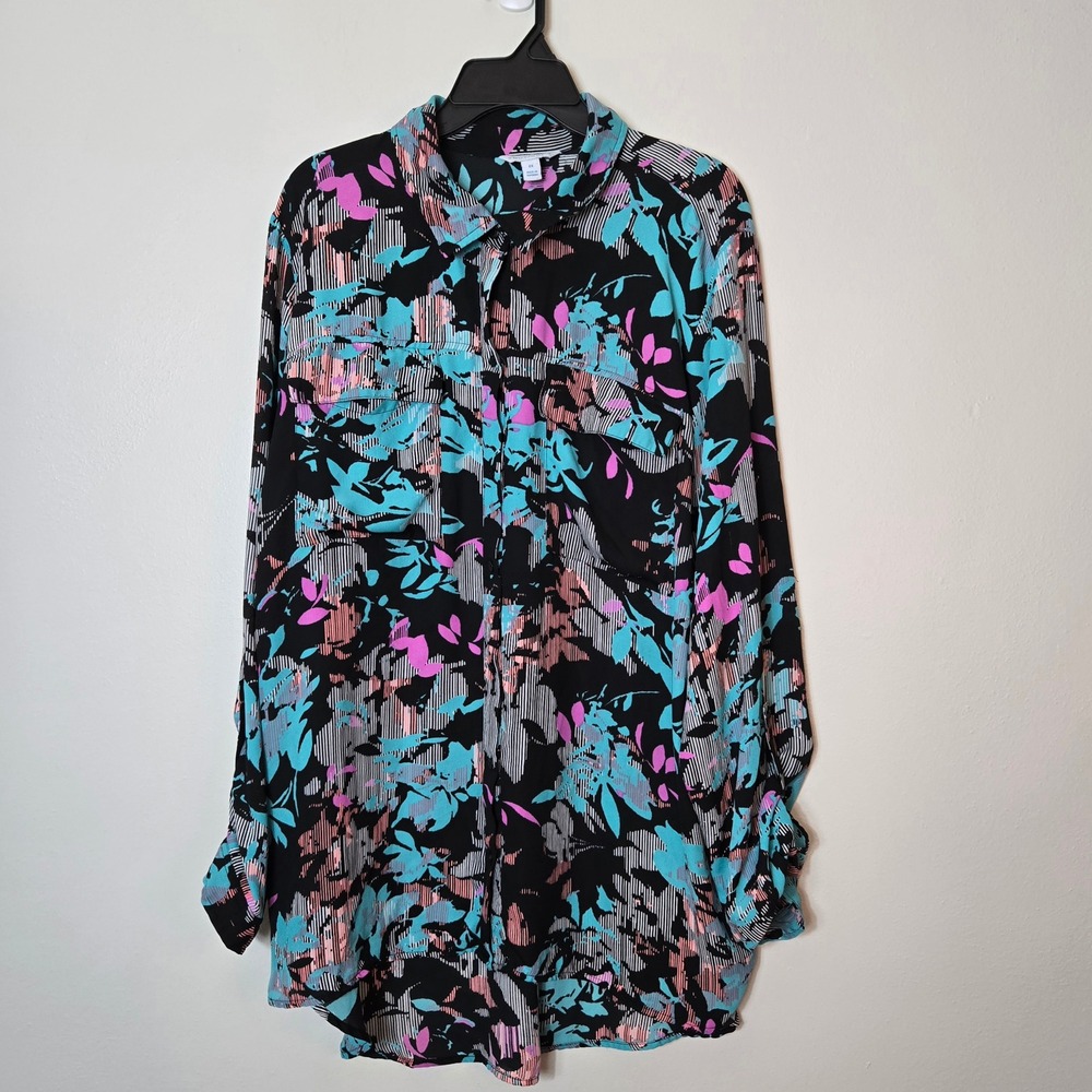 Boutique+ Womens 2X Abstract Floral Stripe Button Down Roll Tab Sleeve‎ Shirt